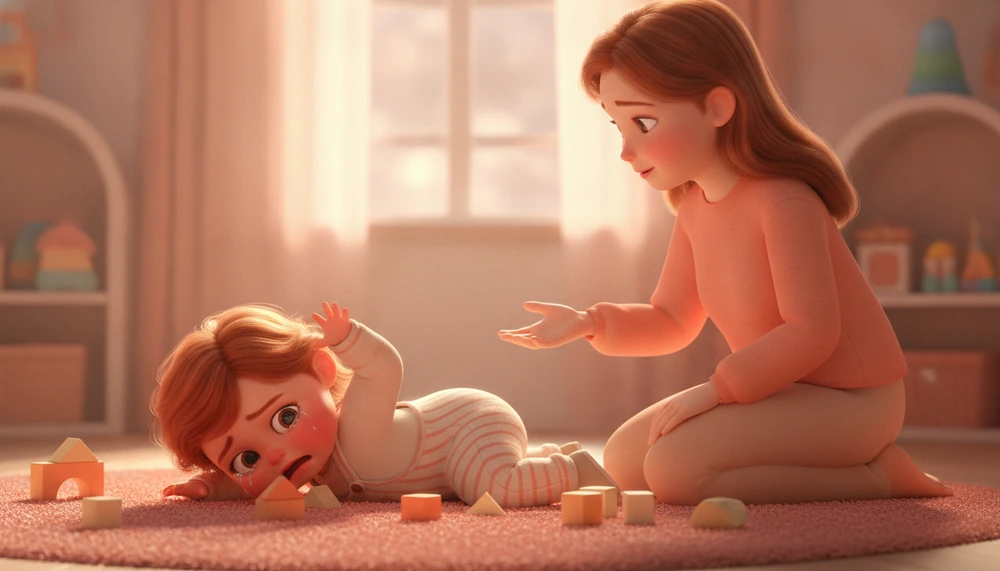 Toddler having a tantrum with a caregiver offering comfort.