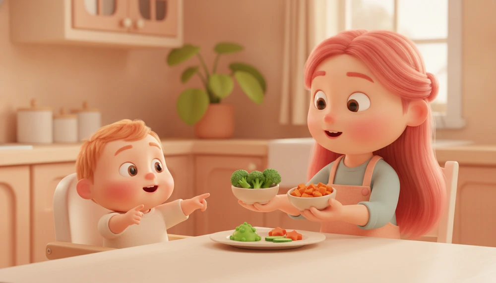 Parent offering two choices to a toddler at dinner table with vegetables.