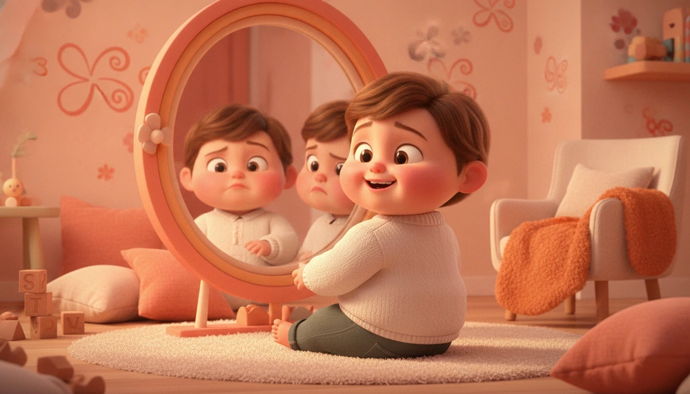 Child making faces in a mirror to understand emotions.