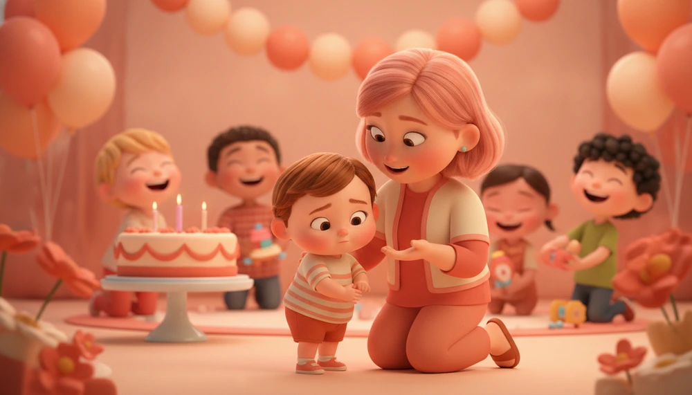 A shy child at a birthday party with a parent encouraging them to join.