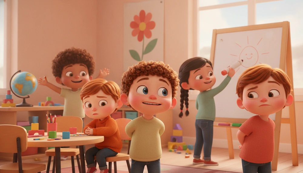 Children in a classroom, some participating and others anxious, illustrating masking.