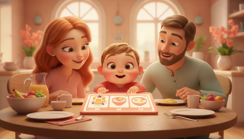 Family using a choice board at breakfast time.