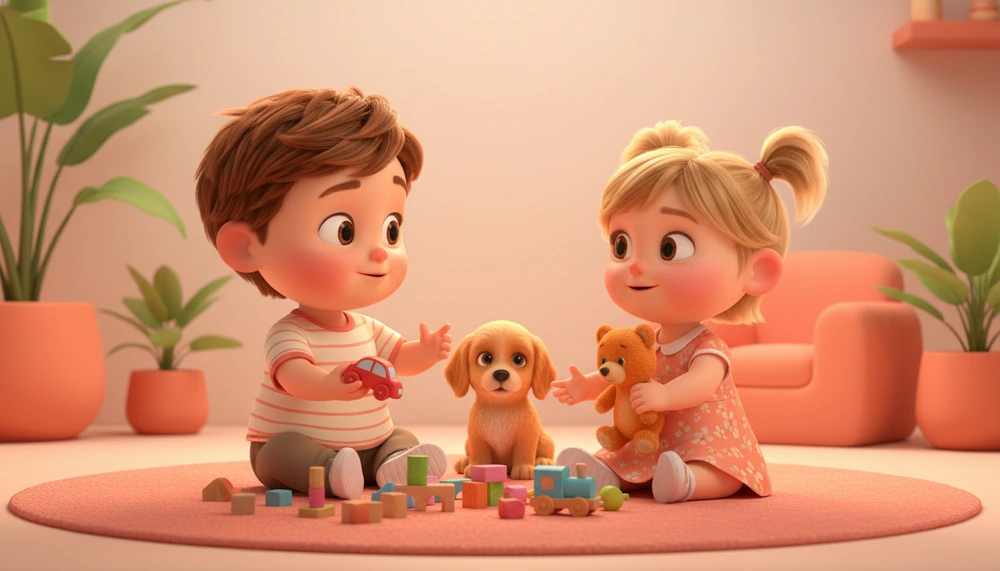 Siblings resolving a toy conflict, highlighting conflict resolution.