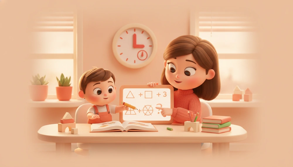 Parent and child working on homework, focusing on small tasks.