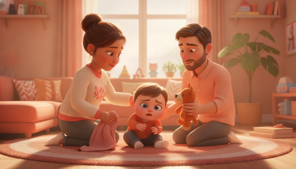 Child having a meltdown with supportive parents.