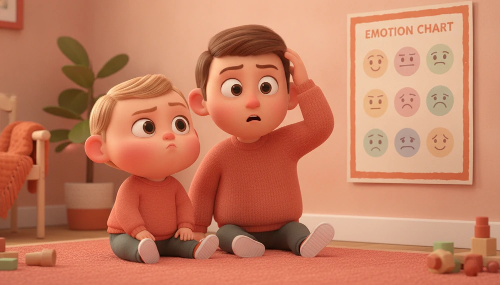 Child and parent confused by traditional emotion chart.