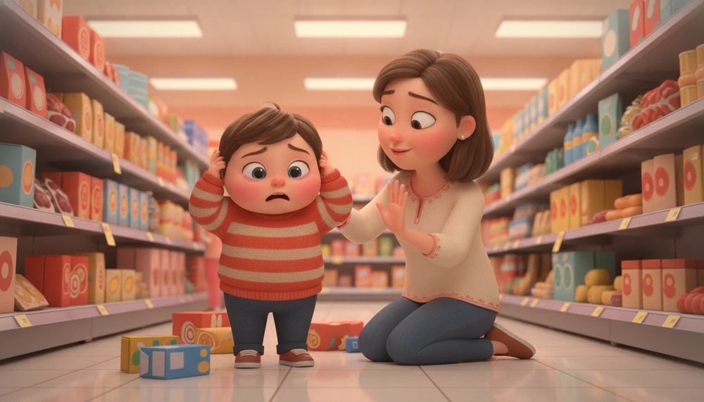 Parent helping child with self-regulation in supermarket.