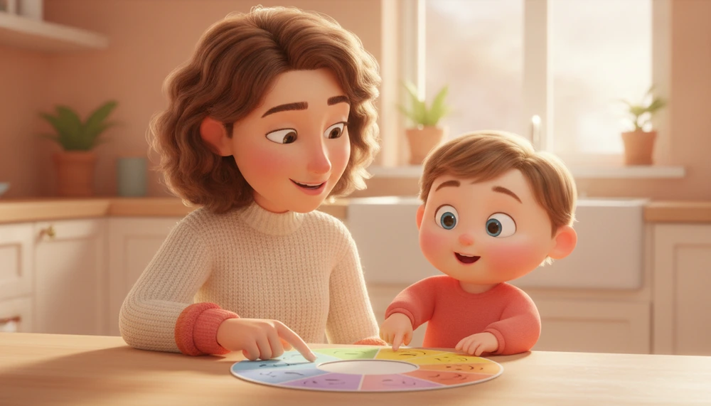 Parent and child using an emotion chart during morning check-in.