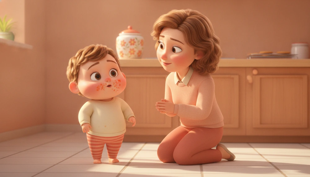 Child with cookie crumbs talking to understanding parent in kitchen.