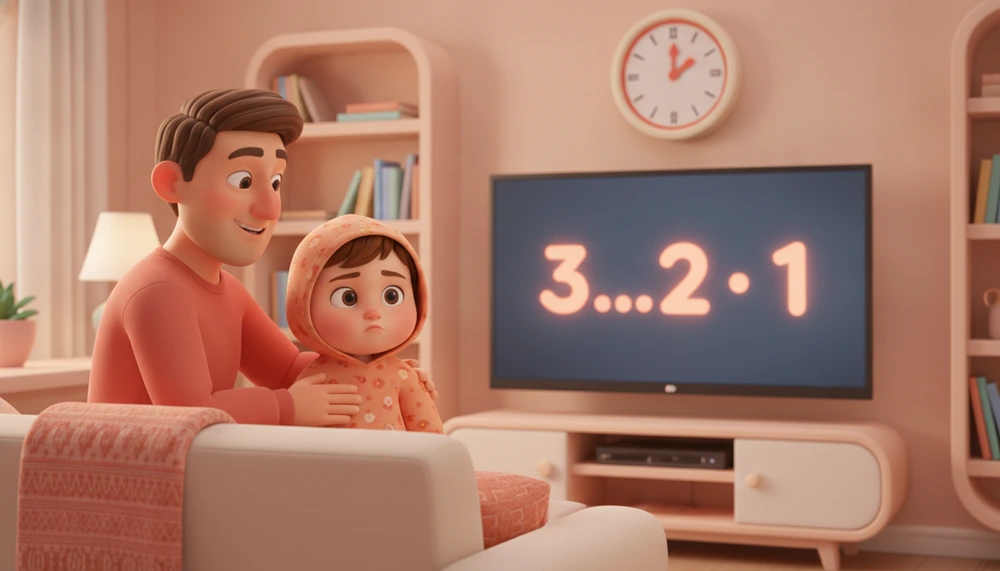 Parent and child counting down to turn off the TV, easing screen time transition.