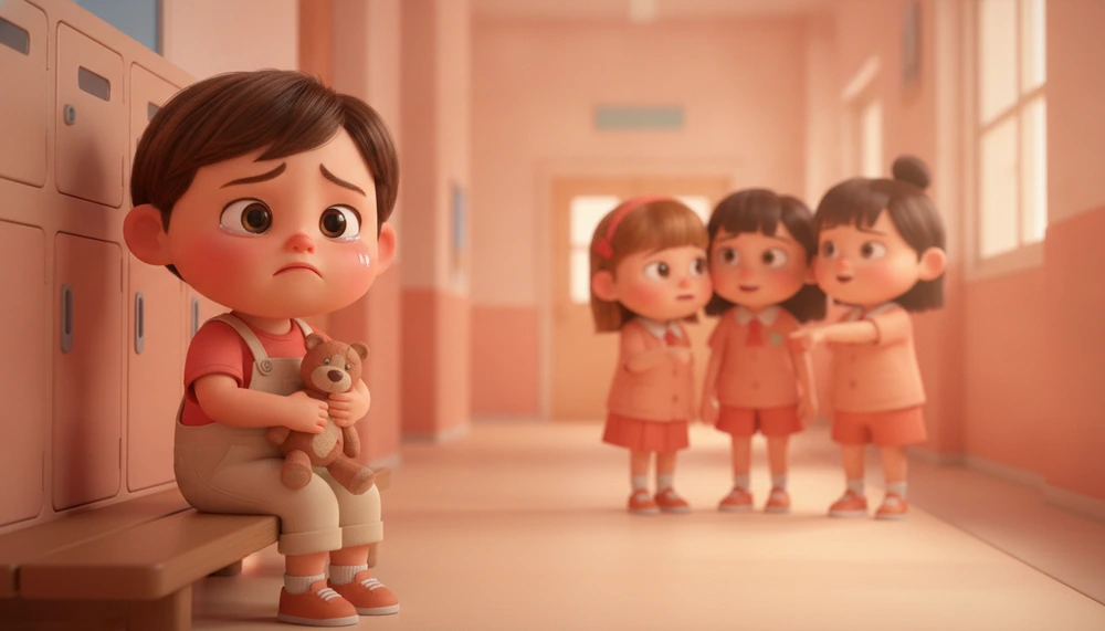 Child looking upset while peers whisper and point, representing bullying.