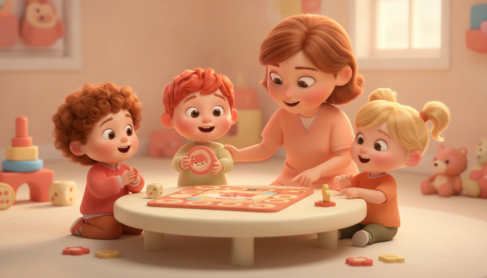 Children playing a board game, taking turns under the guidance of an adult.