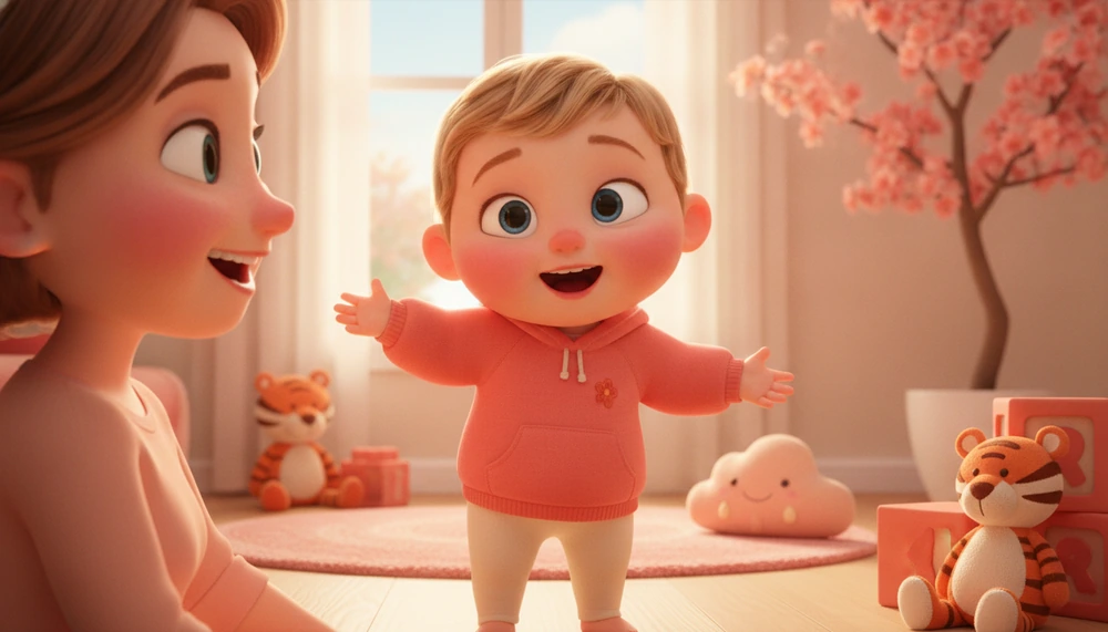 A toddler confidently saying 'no' to a smiling parent in a cozy living room.