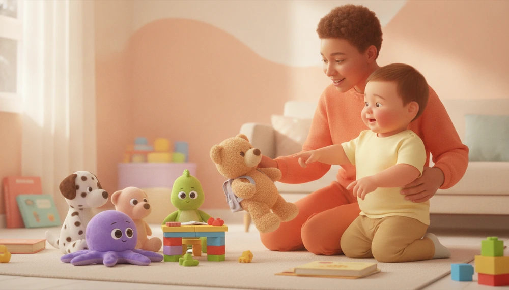 Parent and child role-playing with stuffed animals to practice social skills.