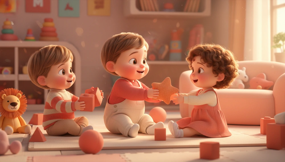 Child sharing toys with friends in a playroom.