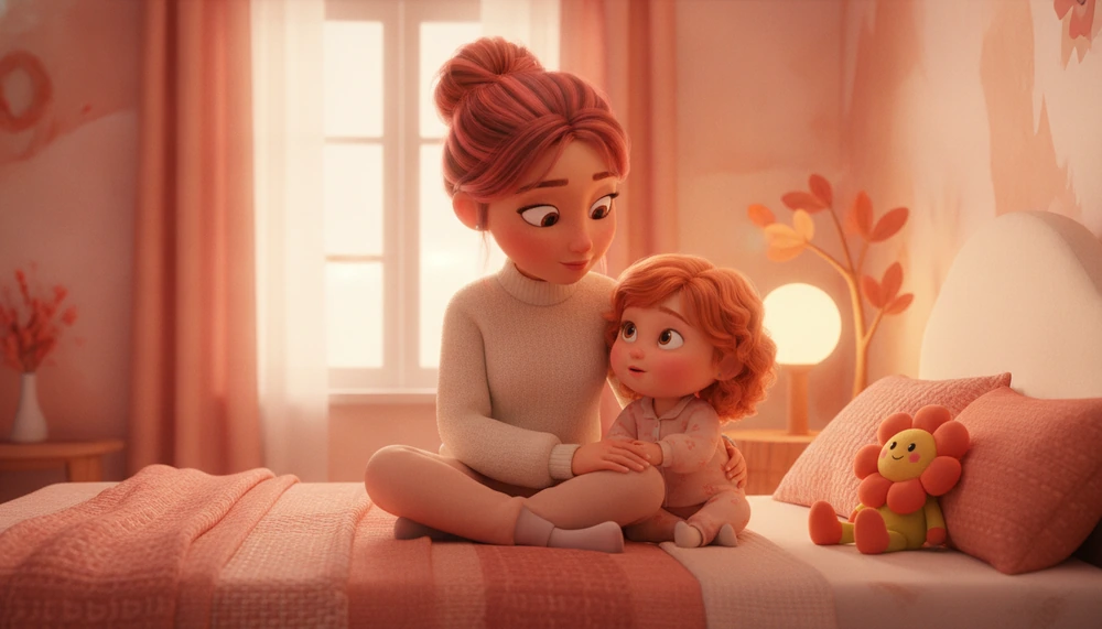 Mother and daughter having a heart-to-heart conversation about puberty in a cozy bedroom.