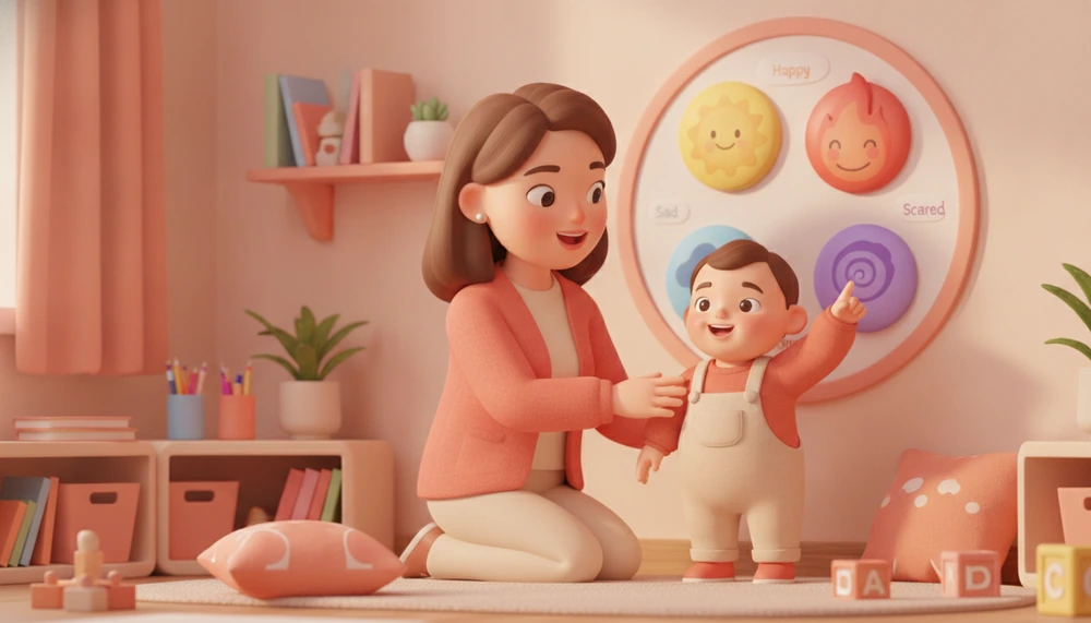 Child using a feelings chart with a teacher.