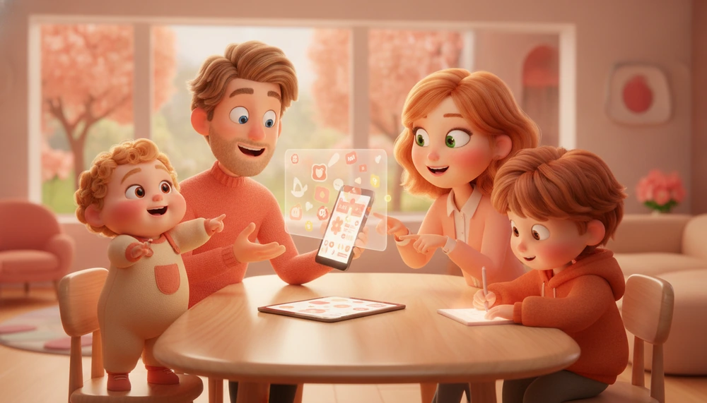 Family discussing media plan together.