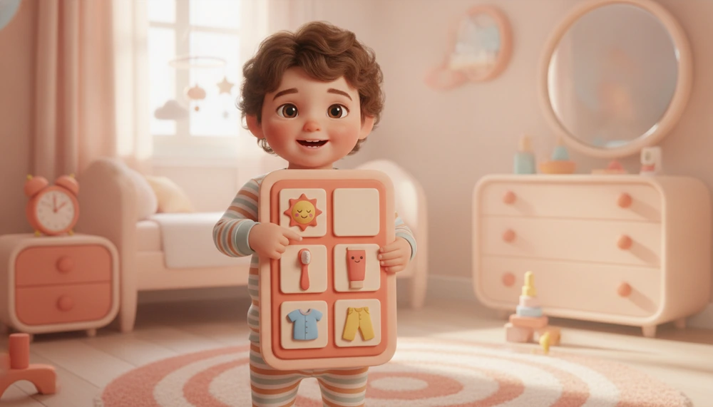 Child using a visual schedule for morning routine steps.