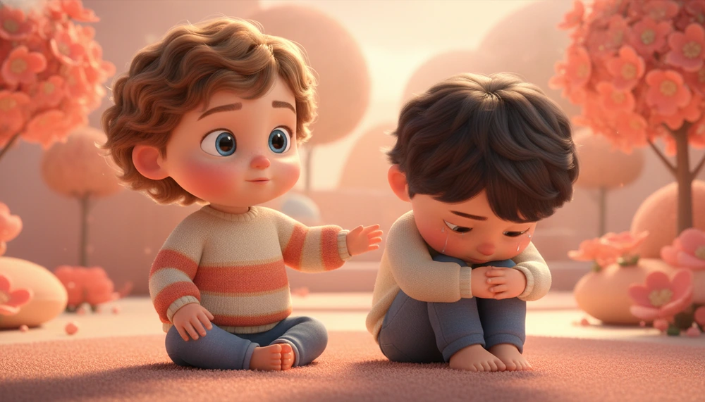 Child with autism showing empathy by sitting next to a sad friend.