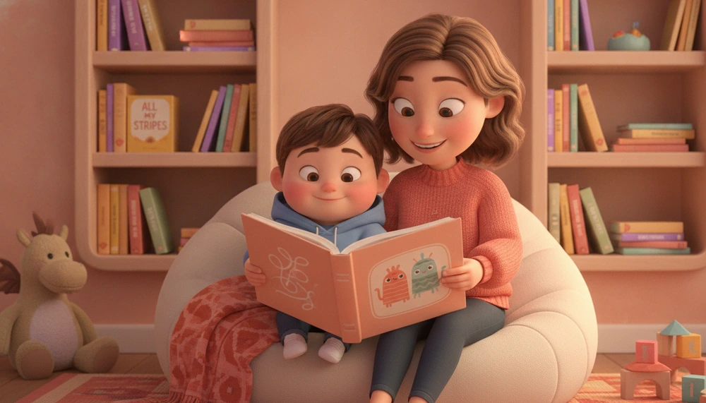 Child and parent reading in a cozy nook, surrounded by autism-themed books.