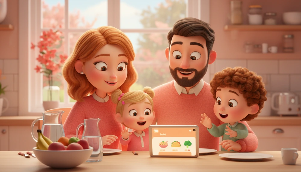 Family discussing dinner choices, engaging children in decision-making.
