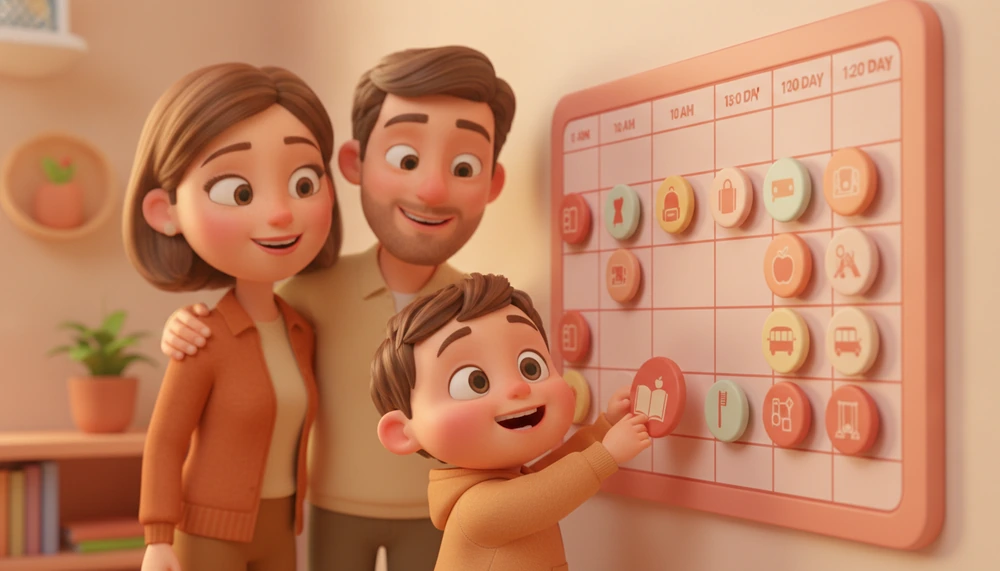 Family creating a colorful visual schedule for school routines.