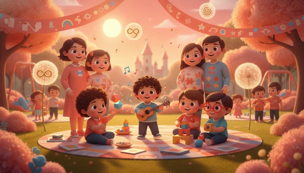Children and parents celebrating World Autism Day in a park.