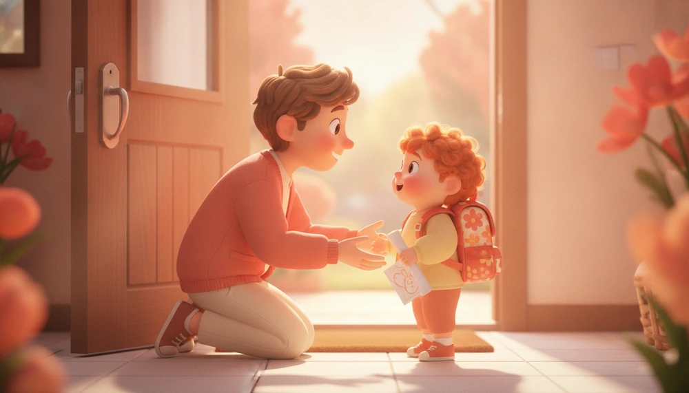 Parent and child in an after-school check-in at home doorway.