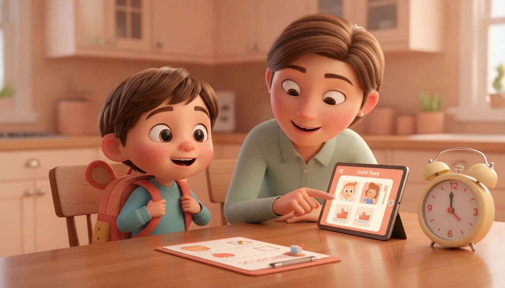 Child and parent reading a social story about getting ready for school.