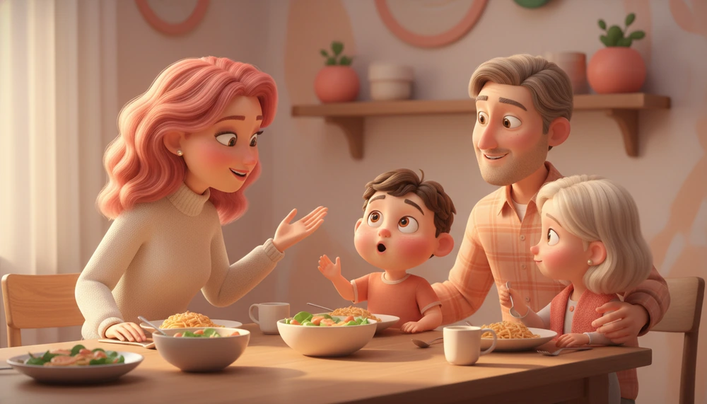 Family using visual cue to manage impulse control during dinner.
