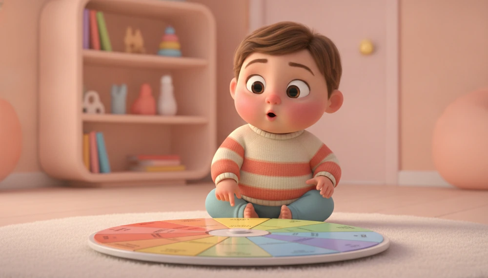 Child exploring emotions on a Plutchik wheel.