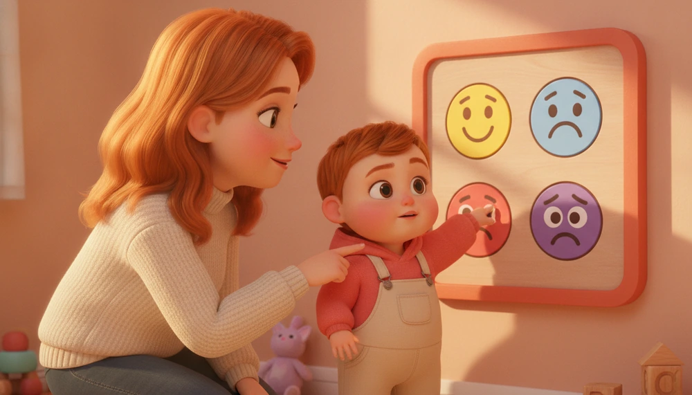 Toddler and parent using a 4-feelings emotion chart.