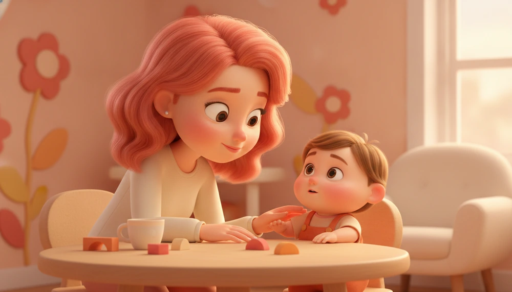 Parent and child having a calm conversation at a table.