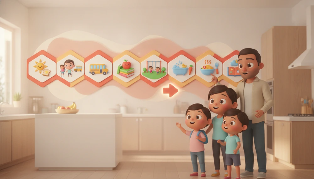 Child-friendly visual schedule on a wall with colorful icons.