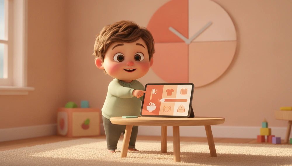 Child using visual timer for morning routine.