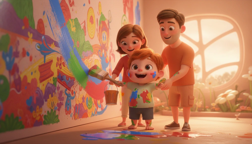 Child with ADHD painting a mural with supportive parents.