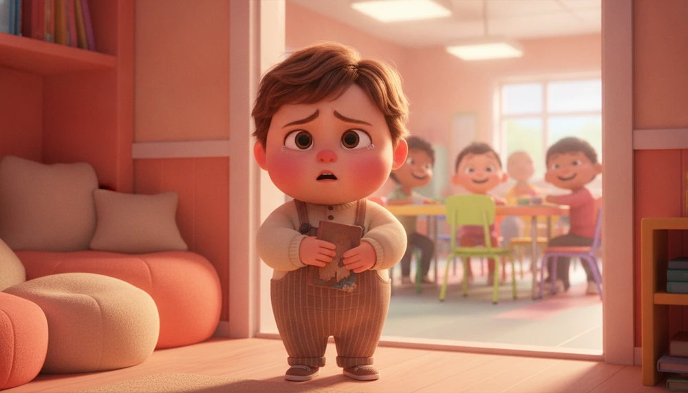 Child appearing stressed while transitioning from a quiet area to a busy lunchroom.