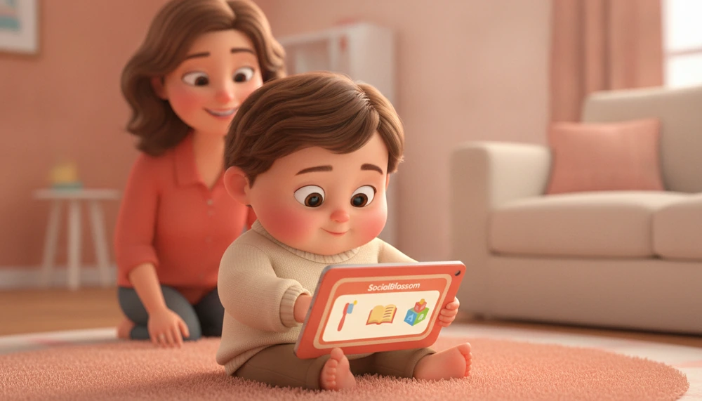 Child using a visual list on a tablet with parent support.