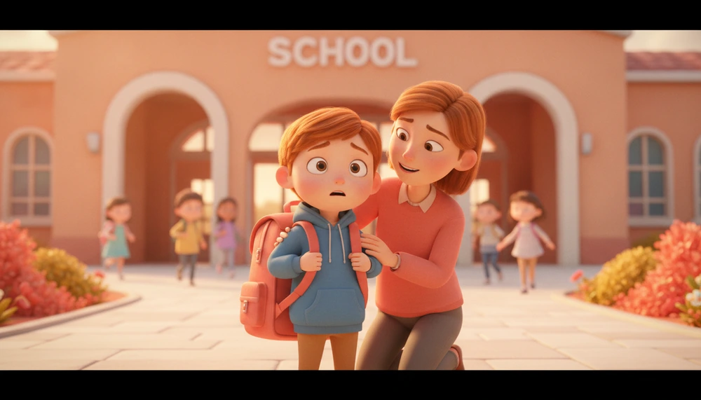 Child with ADHD at school entrance, parent offering comfort.