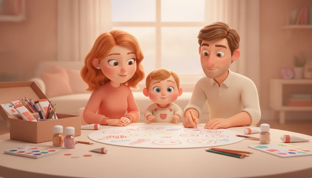 Family creating a personal emotion chart together.