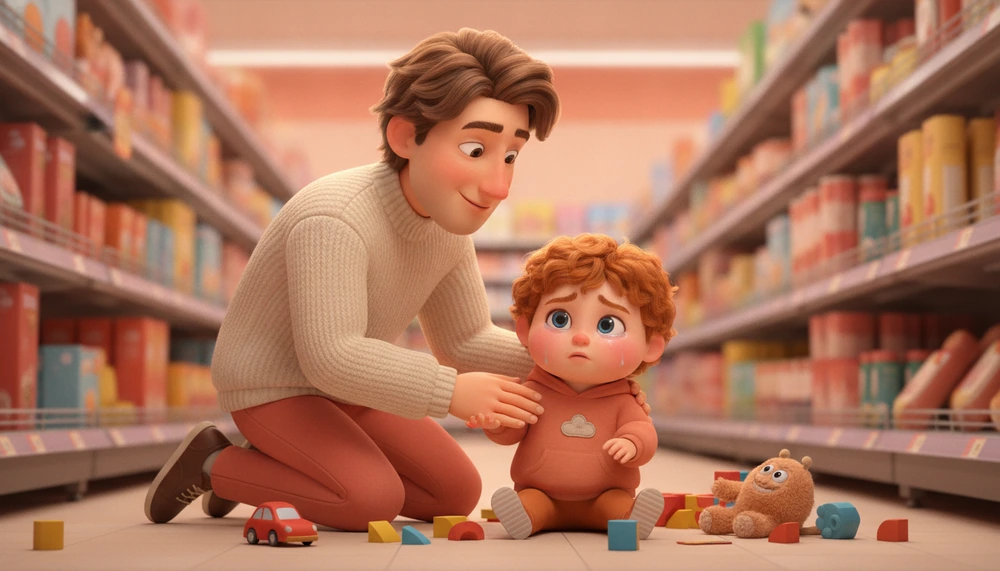 Parent calmly addressing child's meltdown in a supermarket aisle.
