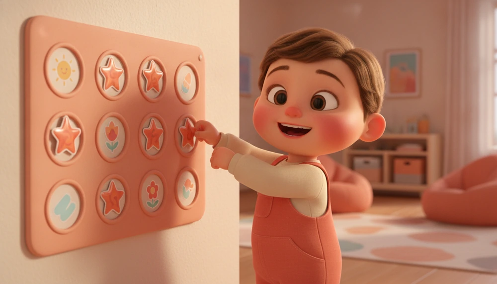 Child placing a sticker on a chart, showing progress.