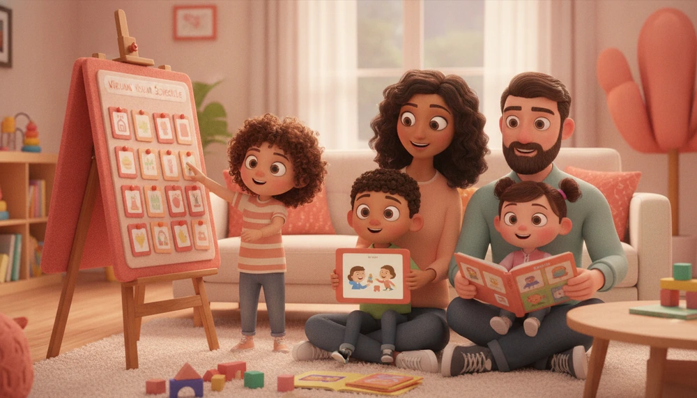 Children using social stories and visual schedules with parents at home.