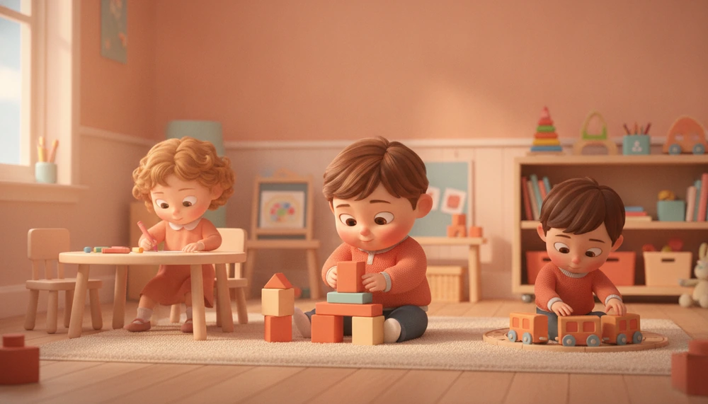 Children in a preschool setting engaging in parallel play, each focused on their own activity.