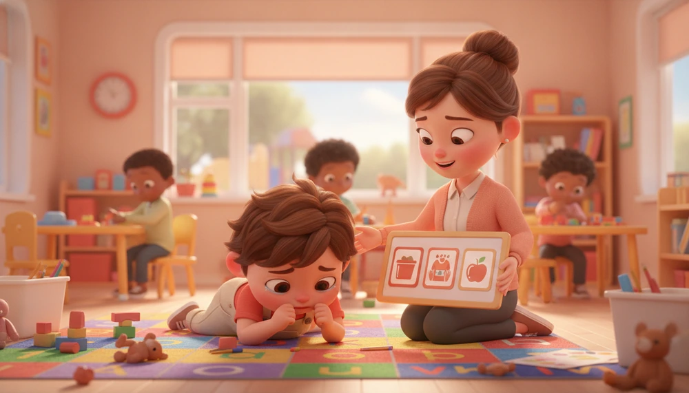 Preschool classroom with a teacher helping a child with ADHD during a transition.