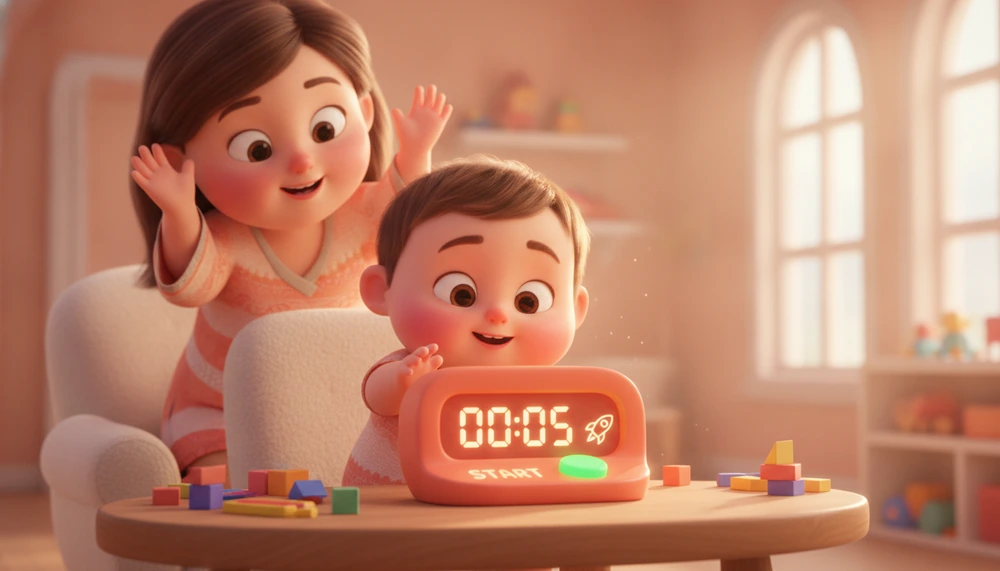 Child using countdown timer for homework with parent's encouragement.