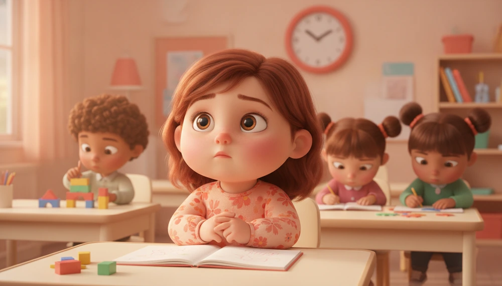Anxious girl in classroom appearing daydreamy while others focus.