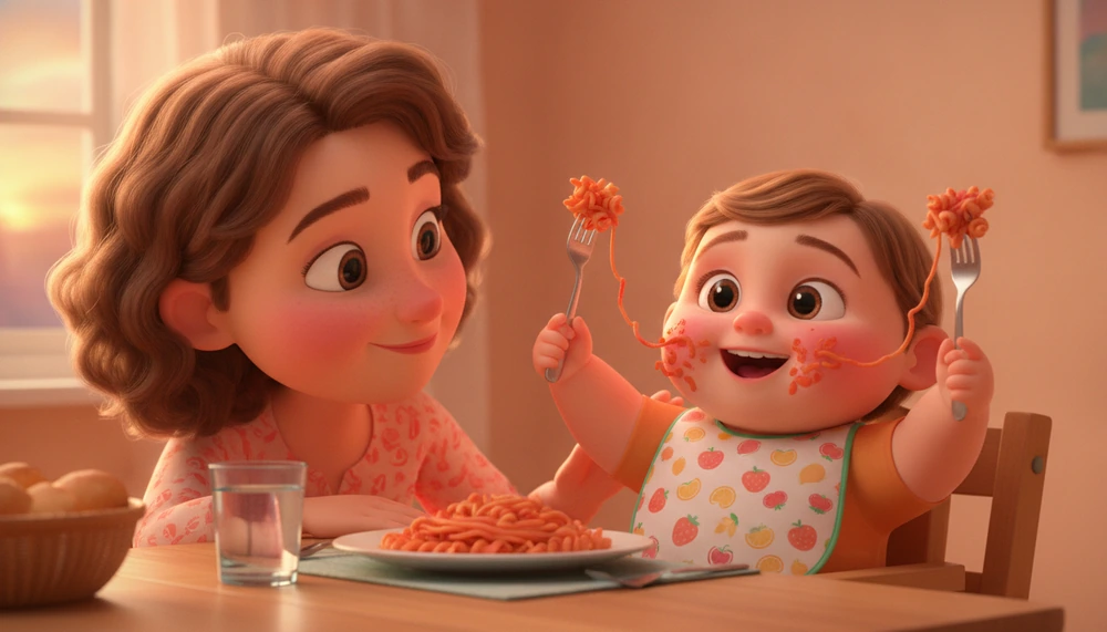 Parent labeling toddler's emotion during dinner.