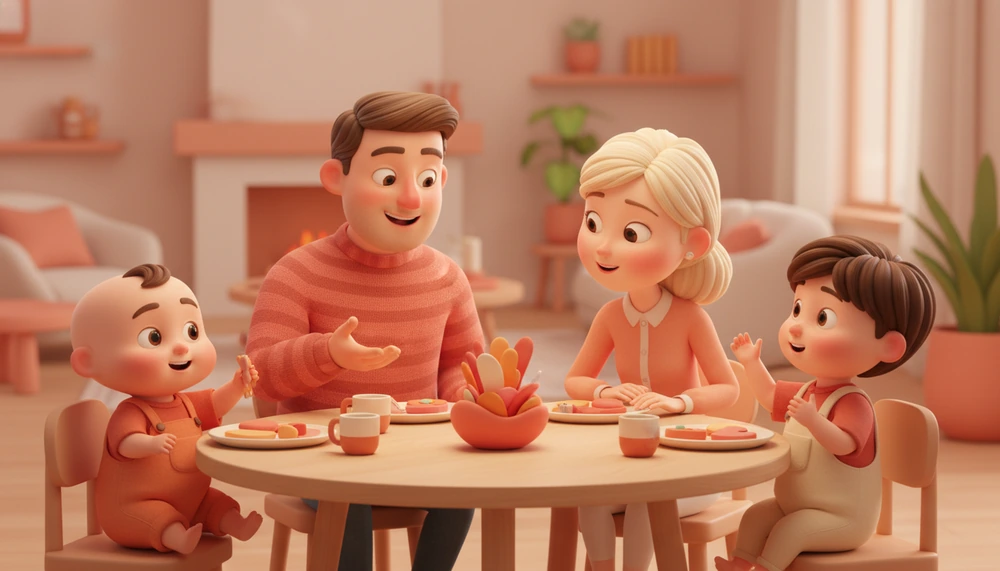 Family discussing their day at the dinner table, sharing emotions.
